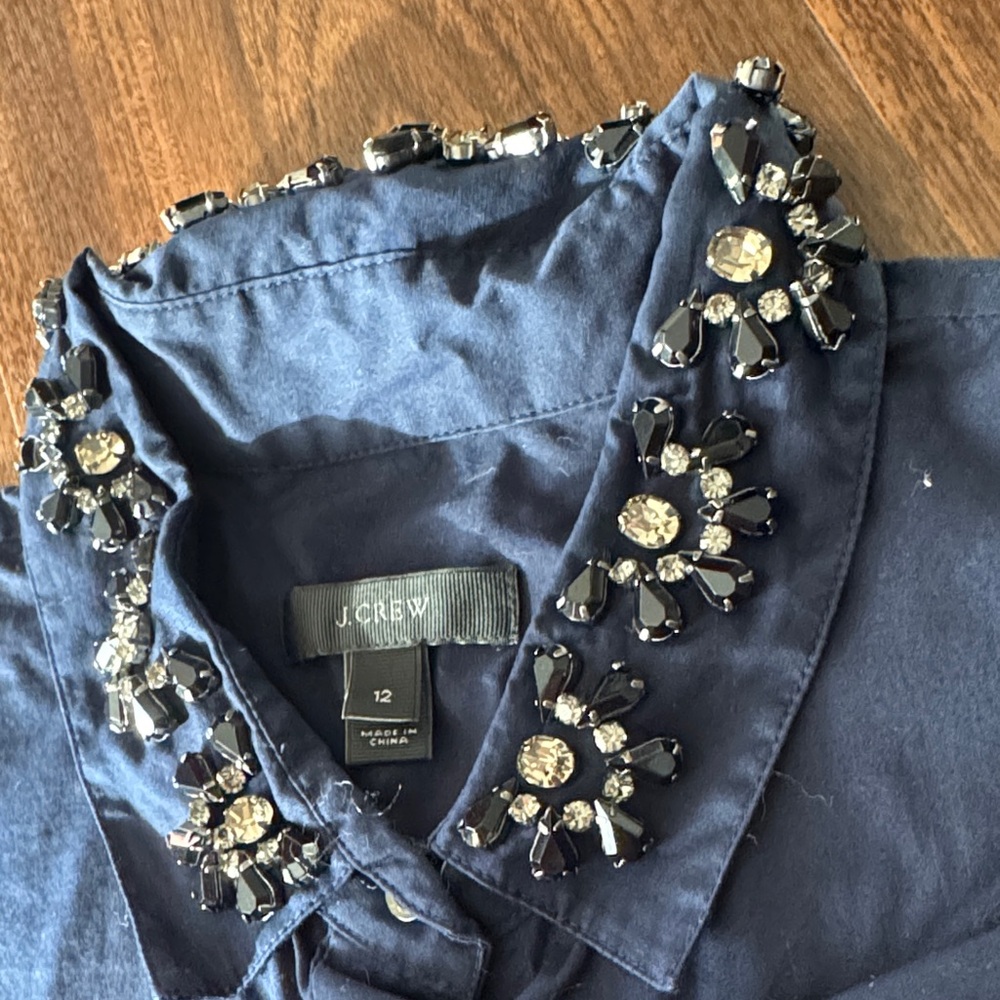 J. Crew Navy Button Down Shirt with Embellished Collar